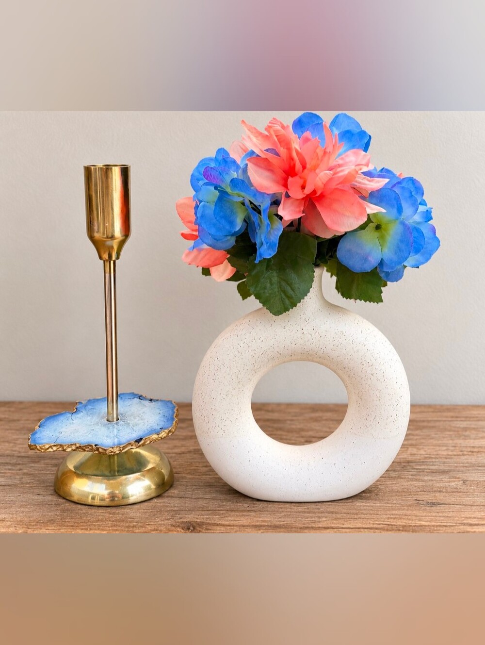 Earthy Modern Ceramic Vase | Metal & Agate Candlestick Holder